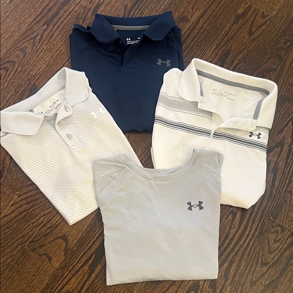 4 EUC  Under Armour Kids Shirts - 3 Navy, White Polos and 1 Grey Tshirt.